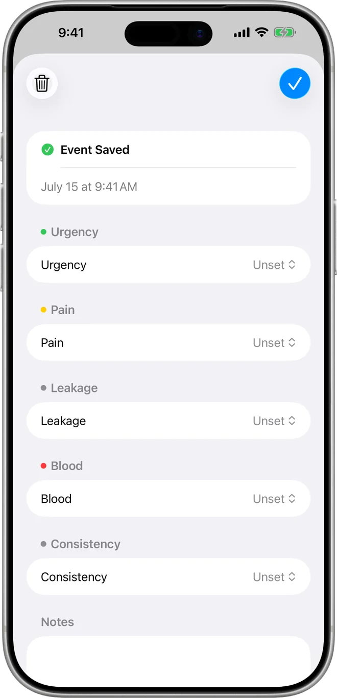 Regularity on iPhone confirming an event was saved, with optional urgency, pain, leakage, blood and consistency fields left unset below it.